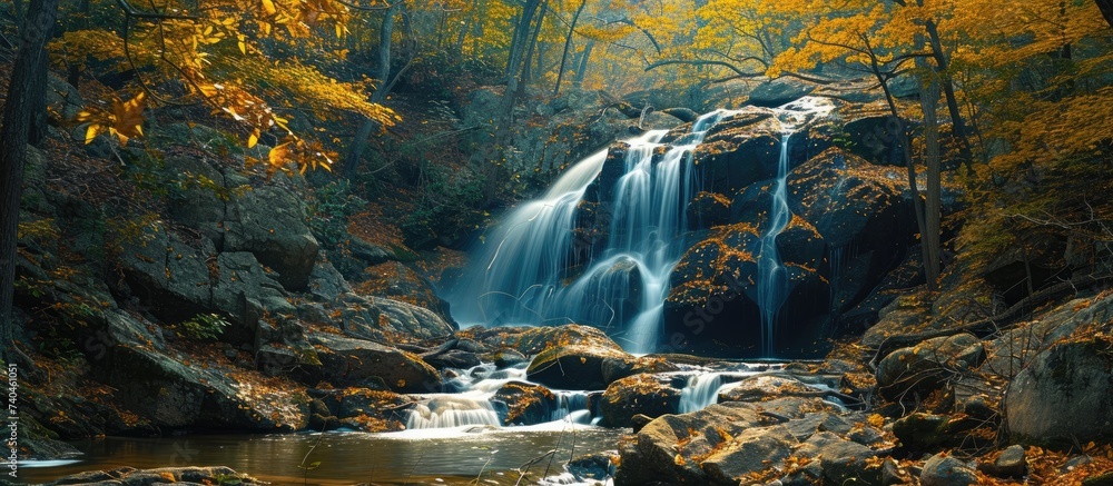 Wall mural a stunning waterfall flows gracefully through a vibrant forest, showcasing captivating beauty.