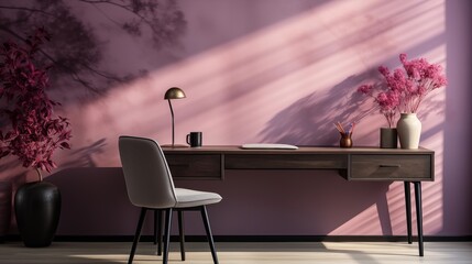 A minimalist home office space with pale orchid accent wall and ebony black desk
