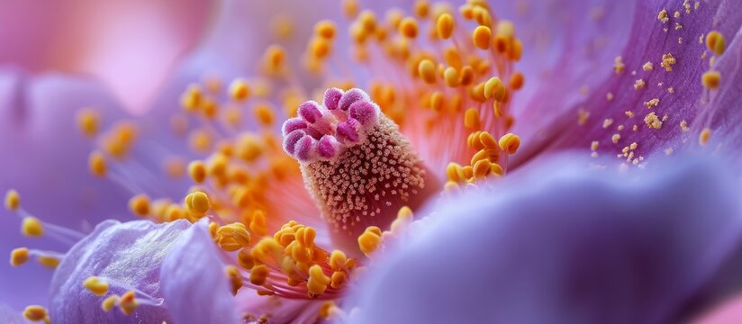 Closeup shot of a magenta flower with yellow pollen, showcasing the beauty of flowering plant through macro photography