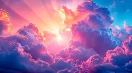 A serene skyscape featuring a sunset among clouds with radiant beams of warm colors,ai generated
