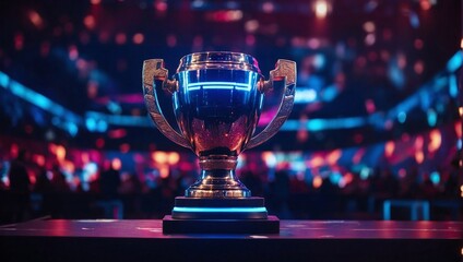 esports winner trophy standing on the stage in the middle of the arena of the computer video game championship - obrazy, fototapety, plakaty