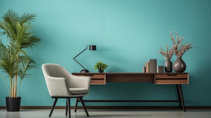 A minimalist home office space with soft aqua accent wall and dark cobalt desk