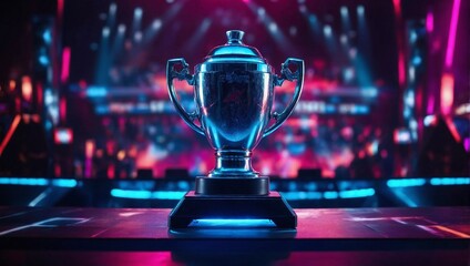 esports winner trophy standing on the stage in the middle of the arena of the computer video game championship