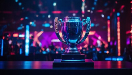 esports winner trophy standing on the stage in the middle of the arena of the computer video game championship - obrazy, fototapety, plakaty