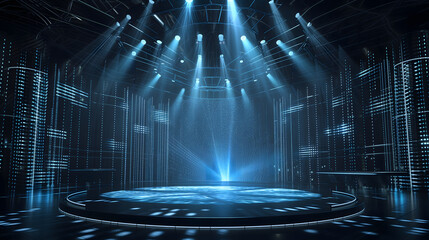 An empty room with a stage, graphic hologram and spotlight design for a futuristic background presentation. Front view. Blue color tone.