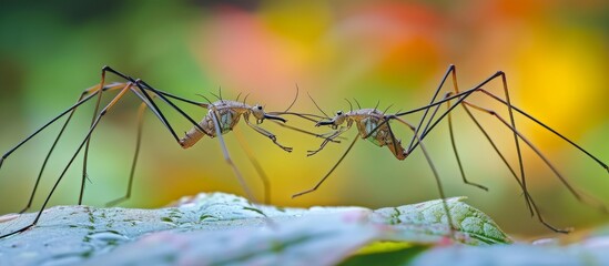 Intense battle between two mosquitoes striving for dominance over a vibrant green leaf