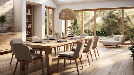 A modern dining room with fresh greenery accents and natural wood furniture