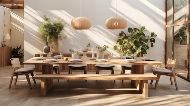 A modern dining room with fresh greenery accents and natural wood furniture