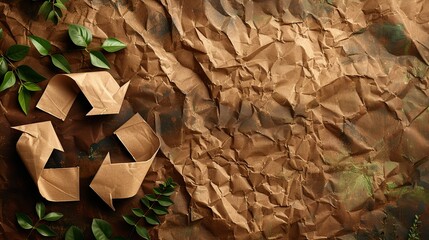 Recycle symbol made with brown paper and kept on a brown paper with a big empty space, Generative AI.