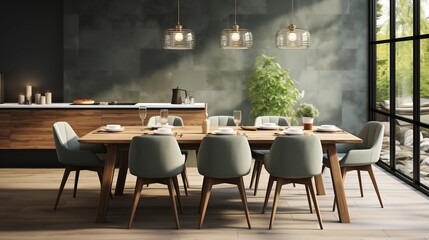 Fototapeta na wymiar A modern dining room with pale mint upholstered chairs and a charcoal slate accent wall
