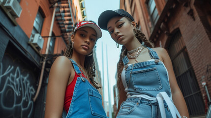 The vibrant energy of a block party is the perfect setting for this hip hop fashion featuring jersey overalls over a crop top chunky white sneakers and a baseball cap worn
