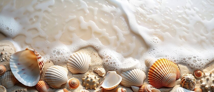 Sea shells in sea shore with water splash a perfect summer backdrop with space, Generative AI.