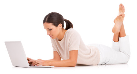 Woman, laptop and typing in studio for online communication as journalist for research project, networking or internet. Female person, white background and mockup or teach writing, email or browsing