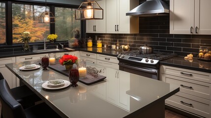 A modern kitchen with light champagne cabinets and rich merlot quartz countertops