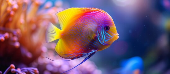 An electric blue fish with a purple fin and tail is gracefully swimming in the underwater world of a coral reef, showcasing the beauty of marine biology and rayfinned fish