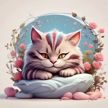 Cute and Funny Cheshire Cat sleeping lullaby cartoon white background isolated