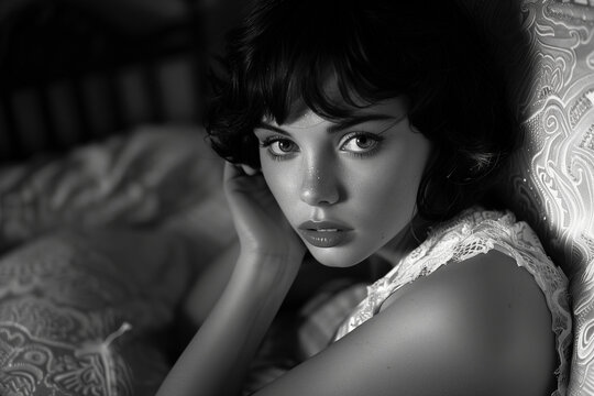 close-up monochrome black and white ad photo of a vintage glamour woman model gazing intensely into the camera