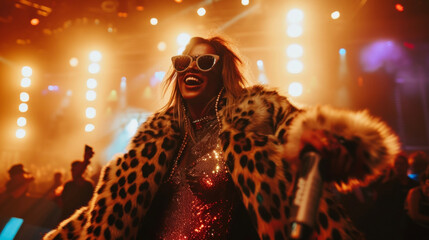A leopard print faux fur coat worn over a sequin mini dress and thighhigh boots. The bright lights...