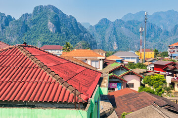 Vang vieng Laos - February 15 2024 : Mountain view and nature at Vang Vieng, Laos, a...