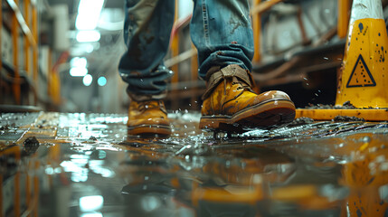Accident on site. Construction worker has an accident a slip-and-fall accident on a wet floor at a construction site, accident while working, Focus is on the fallen worker and the immediate danger. AI - obrazy, fototapety, plakaty