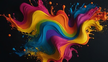 design illustration of flat 3D colorful paint splashed on a black background, in the style of organic and flowing forms
