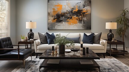 A modern living room with light gray walls and rich espresso accent furniture