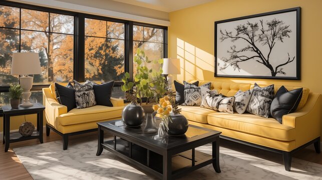 A modern living room with light yellow walls and ebony black accent furniture
