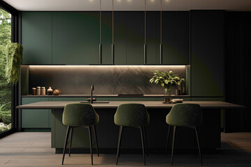 A sleek, modern kitchen with minimalist aesthetics highlighted by a striking feature wall in a deep, luscious forest green.