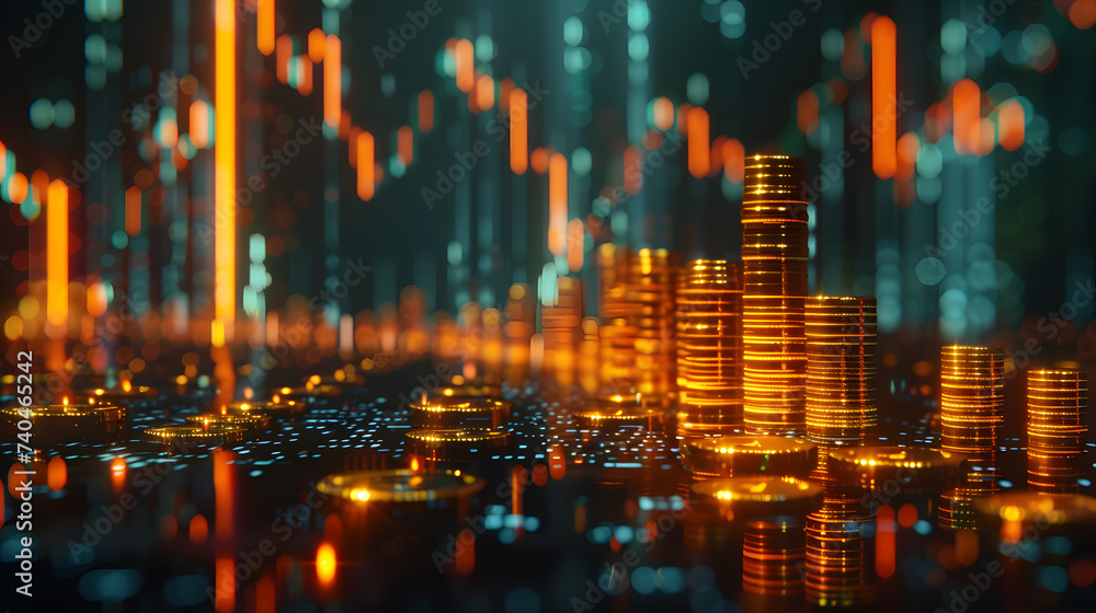 Poster money coin stack growing graph investment. stacks of virtual currency coins stacked on the table wit
