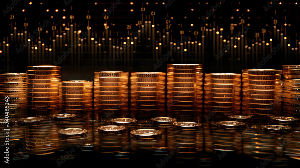 Poster money coin stack growing graph investment. stacks of virtual currency coins stacked on the table wit