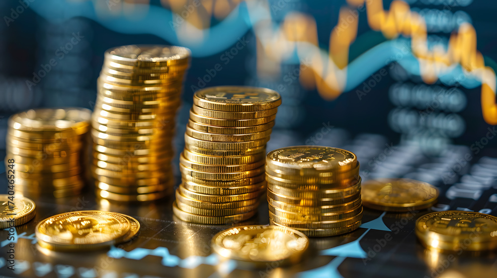 Poster money coin stack growing graph investment. stacks of virtual currency coins stacked on the table wit