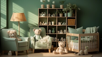 A playful nursery with light mint wallpaper and forest green crib