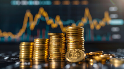 Growth gold coin investment business market finance. Investment in virtual assets. Investment platform with charts and bitcoin coin. AI