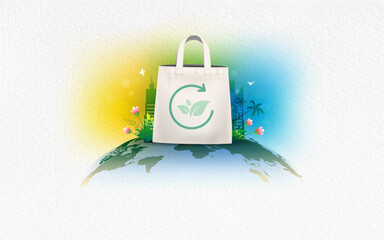 Paper Bag Day awareness concept. International Plastic Bag Free day or Stop plastic save earth environment background. Promotional advertising Poster banner design.