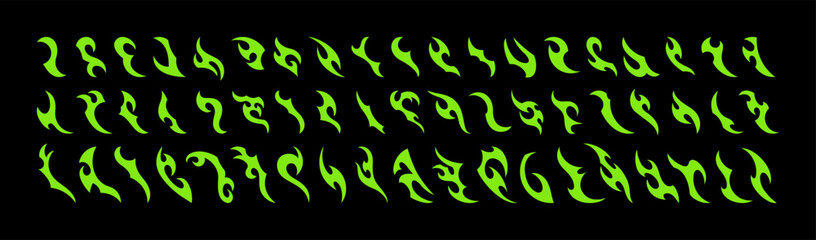 Neo Tribal Icons Set. Y2K Tattoo Elements. Vector Gothic Acid Shapes in Cyberpunk 2000s Style