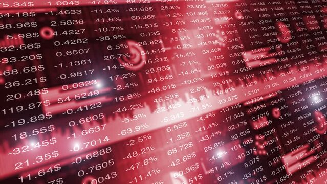 Red glowing business infographics with stock data animation. of financial recession, business crisis and economic collapse.