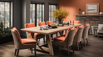 A rustic dining room with soft coral upholstered chairs and a dark rust accent wall