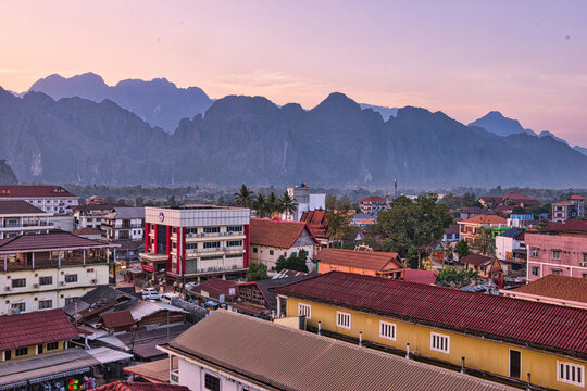 Vang vieng Laos - February 15 2024 : Mountain view and nature at Vang Vieng, Laos, a tourist-oriented town surround with karst hill landscape in Vientiane Province, Laos.