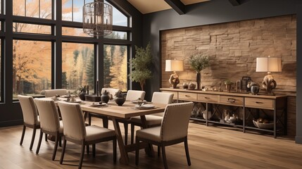 A rustic dining room with whispering wheat upholstered chairs and a dark chocolate accent wall