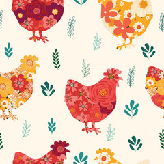colorful flower chickens hand drawn seamless pattern vector illustration for decorate invitation greeting birthday party celebration wedding card poster banner textile wallpaper paper wrap background