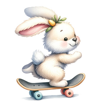  Easter bunny rabbits in different poses skateboard bunny. Easter Bunny riding a skateboard. watercolor illustration. 