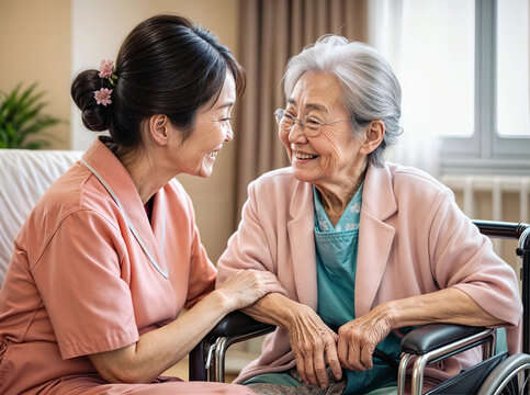 nurse or caregiver smiling and talking to happy elderly woman in wheelchair in a nursing home or an age care, Concept of retirement, insurance policy or seniors living or senior citizens day