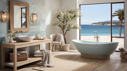 A serene bathroom with coastal blue tiles and sandy beige accents