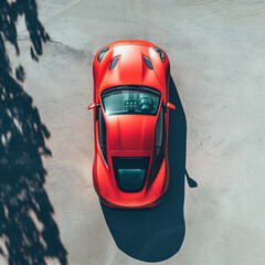 Fototapeta premium Urban Style: High-Resolution Top View of a Bright Red Sports Car Parked on Textured Concrete, Exuding Elegance and Speed