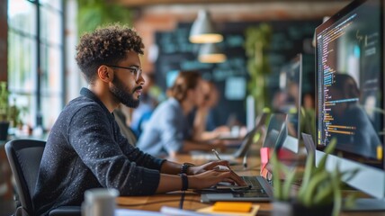 focused male professional working at a laptop in a modern office. involved in programming. working together in a technology company.