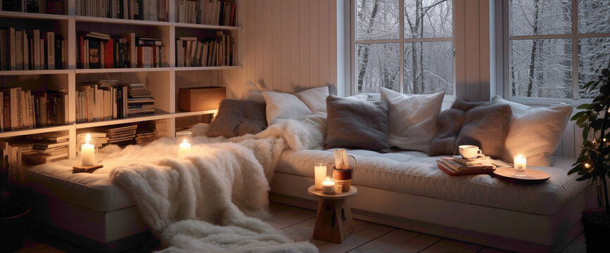 Fototapeta A Scandinavian living room with a touch of hygge, featuring plush throws, soft lighting, and a comfortable reading nook by the window.