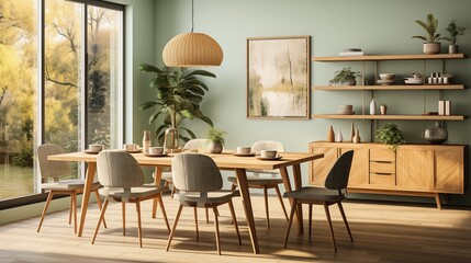 A serene dining room with sage green walls and natural wood furniture