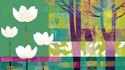 painting of white flowers and trees on a green geometrical background