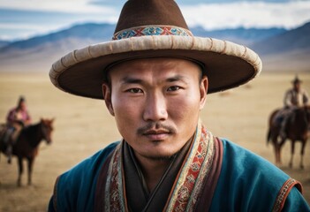 A mongolian man in a traditional hat