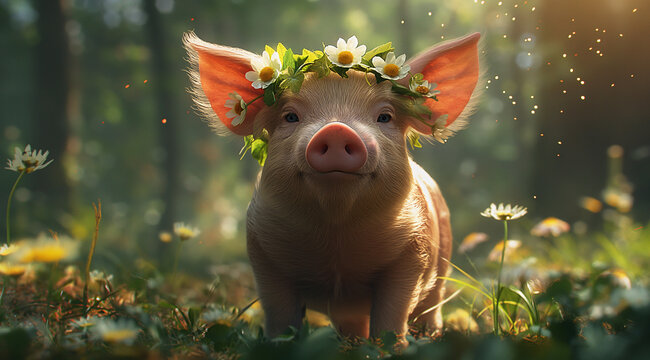 Pig wearing a flower crown. A joyful domestic pig adorned with a sunny flower crown stands proudly in a lush outdoor setting, showcasing the beauty and innocence of nature's creatures